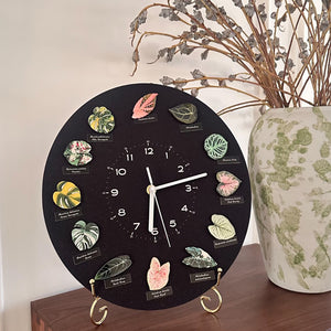 30×30cm Tropical Plant Magnetic Clock Kit – 12 Interchangeable Botanic Magnets for Each Hour, Wall Mount + Gold Metal Stand, Silent Sweep Movement, Starry Sparkle Matte Black Finish