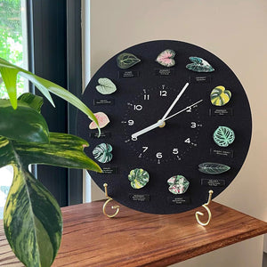 30×30cm Tropical Plant Magnetic Clock Kit – 12 Interchangeable Botanic Magnets for Each Hour, Wall Mount + Gold Metal Stand, Silent Sweep Movement, Starry Sparkle Matte Black Finish