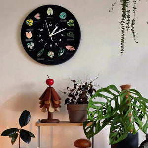 30×30cm Tropical Plant Magnetic Clock Kit – 12 Interchangeable Botanic Magnets for Each Hour, Wall Mount + Gold Metal Stand, Silent Sweep Movement, Starry Sparkle Matte Black Finish