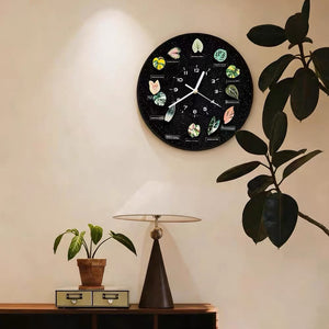 30×30cm Tropical Plant Magnetic Clock Kit – 12 Interchangeable Botanic Magnets for Each Hour, Wall Mount + Gold Metal Stand, Silent Sweep Movement, Starry Sparkle Matte Black Finish
